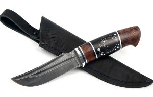 Авторский нож Коршун дамаск долы рукоять карельская береза,черный граб с инкрустацией Авторский нож Коршун дамаск долы рукоять карельская береза,черный граб с инкрустацией