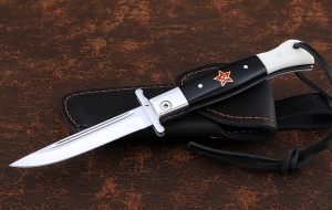 Нож Финка НКВД складная сталь булат полированный накладки акрил черный+белый с красной звездой Нож Финка НКВД складная сталь булат полированный накладки акрил черный+белый с красной звездой