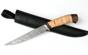 Нож Филейка средняя сталь дамаск, рукоять береста дюраль Нож Филейка средняя сталь дамаск, рукоять береста дюраль