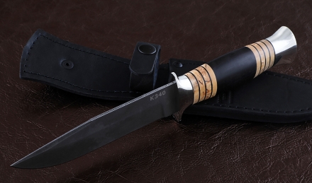 Нож Лидер сталь К340, рукоять черный граб карельская береза мельхиор Нож Лидер сталь К340, рукоять черный граб карельская береза мельхиор