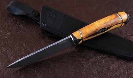 Нож Пантера сталь К340, рукоять карельская береза резная янтарь Нож Пантера сталь К340, рукоять карельская береза резная янтарь