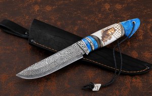 Нож Барракуда дамаск торцевой, рукоять карельская береза синяя рог лося кость мамонта, мельхиор Нож Барракуда дамаск торцевой, рукоять карельская береза синяя рог лося кость мамонта, мельхиор