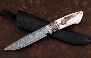 Подарочный Нож Фазан дамаск торцевой рог лося кость мамонта, мельхиор Подарочный Нож Фазан дамаск торцевой рог лося кость мамонта, мельхиор