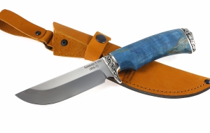 Нож Универсал сталь S390 рукоять карельская береза стабилизированная синяя. мельхиор 1 Нож Универсал сталь S390 рукоять карельская береза стабилизированная синяя. мельхиор 1