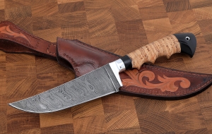 Нож Узбекский малый дамаск береста резная Нож Узбекский малый дамаск береста резная