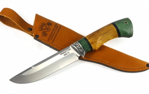 Нож Барракуда сталь S390 рукоять карельская береза стабилизированная янтарь+изумруд, мельхиор 1 Нож Барракуда сталь S390 рукоять карельская береза стабилизированная янтарь+изумруд, мельхиор 1