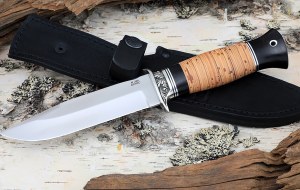 Нож Лидер сталь M390, рукоять береста, мельхиор Нож Лидер сталь M390, рукоять береста, мельхиор