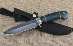 Нож Амур дамаск ламинированный с воронением, рукоять карельская береза синяя, мельхиор Нож Амур дамаск ламинированный с воронением, рукоять карельская береза синяя, мельхиор