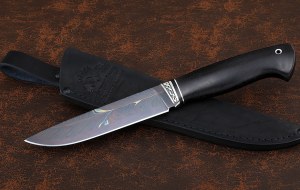Нож Ягуар сталь дамаск торцевой с воронением, рукоять черный граб мельхиор Нож Ягуар сталь дамаск торцевой с воронением, рукоять черный граб мельхиор