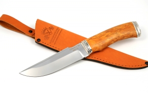 Нож из стали S390 «Алтай» рукоять карельская береза стабилизированная янтарь, мельхиор без упора Нож из стали S390 «Алтай» рукоять карельская береза стабилизированная янтарь, мельхиор без упора