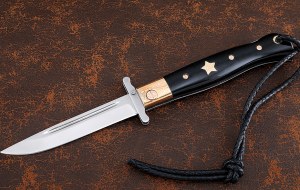 Премиум Нож Финка НКВД складная сталь S390 мокуме-гане черный акрил с золотой звездой и винтами Премиум Нож Финка НКВД складная сталь S390 мокуме-гане черный акрил с золотой звездой и винтами