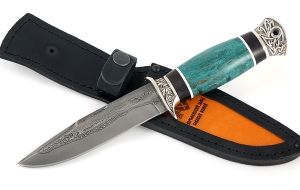 Нож Лидер, сталь дамаск ламинированный, рукоять карельская береза стабилизированная изумруд, мельхиор Нож Лидер, сталь дамаск ламинированный, рукоять карельская береза стабилизированная изумруд, мельхиор