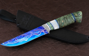 Нож Гриф дамаск ламинированный с воронением, рукоять карельская береза зеленая акрил, мельхиор Нож Гриф дамаск ламинированный с воронением, рукоять карельская береза зеленая акрил, мельхиор