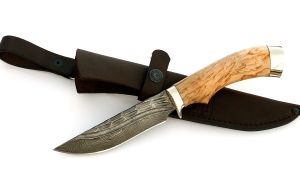 Нож Зяблик сталь дамаск-камень, рукоять резная, карельская береза Нож Зяблик сталь дамаск-камень, рукоять резная, карельская береза