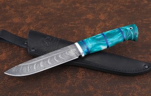 Нож Ягуар сталь дамаск торцевой, рукоять искусственный камень зеленый Нож Ягуар сталь дамаск торцевой, рукоять искусственный камень зеленый