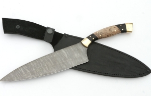 Нож Шеф №13 сталь дамаск рукоять черный граб карельская береза латунь Нож Шеф №13 сталь дамаск рукоять черный граб карельская береза латунь