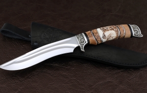 Нож Волк сталь ELMAX долы рукоять карельская береза рог лося, мельхиор Нож Волк сталь ELMAX долы рукоять карельская береза рог лося, мельхиор