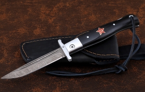 Нож Финка НКВД складная сталь дамаск накладки черный граб со звездой Нож Финка НКВД складная сталь дамаск накладки черный граб со звездой